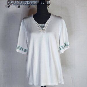 BonWorth White Cotton Poly V-Neck Navy Green Sailor Stripe Sleeve Pullover Top M